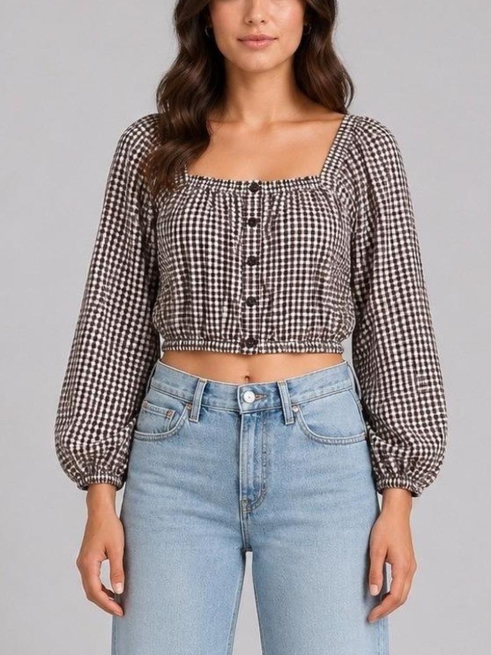 Puff-Sleeve Button-Front Crop Top In Plaid - Chocolate Raisin